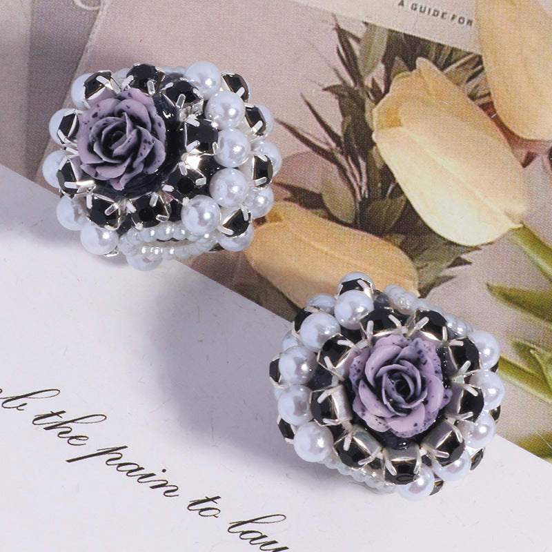 Fancy Rose Rhinestone Beads 25mm Polymer Clay Encrusted 5pcs 13