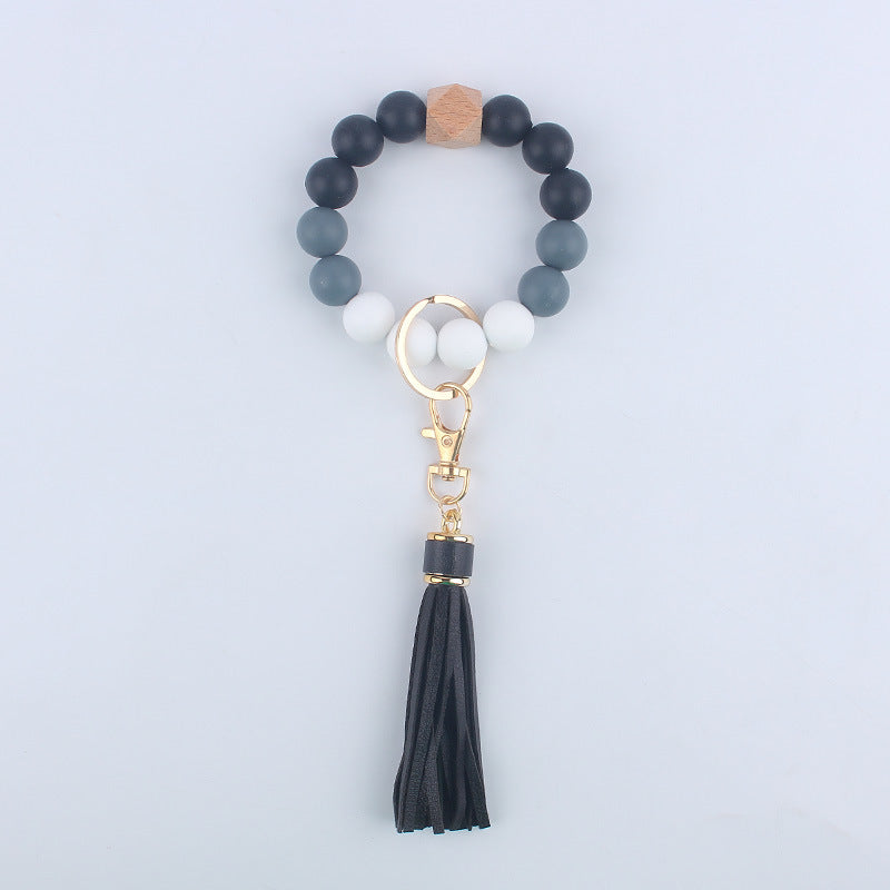Silicone Beaded Wristlet Keychain with Wooden Beads and Leather Tassel 8cm 16