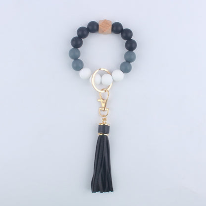 Silicone Beaded Wristlet Keychain with Wooden Beads and Leather Tassel 8cm 16