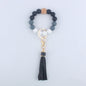 Silicone Beaded Wristlet Keychain with Wooden Beads and Leather Tassel 8cm 16