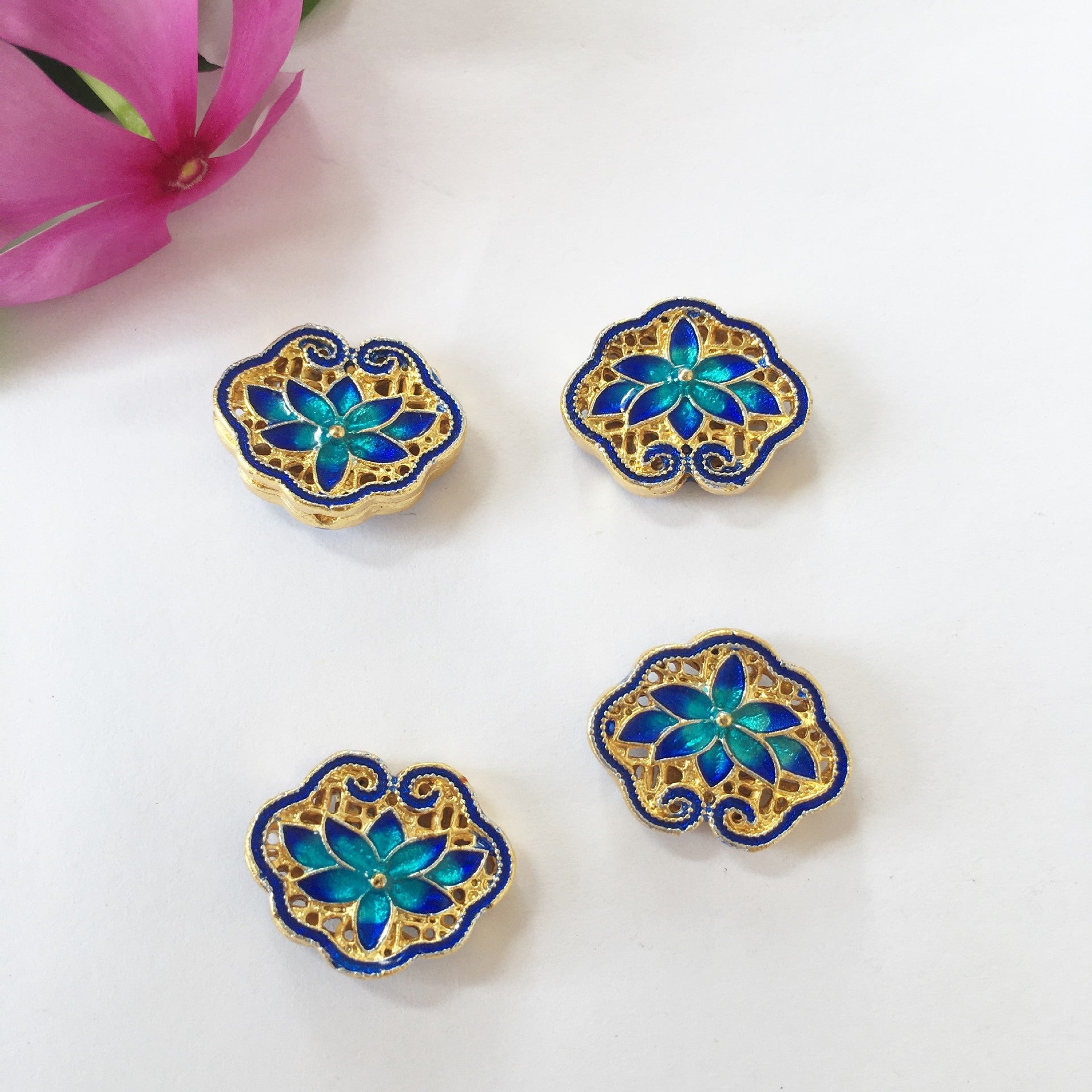 Cloisonne Metal Beads 20mm Lotus Pattern Enamel Lake Blue 25pcs 4