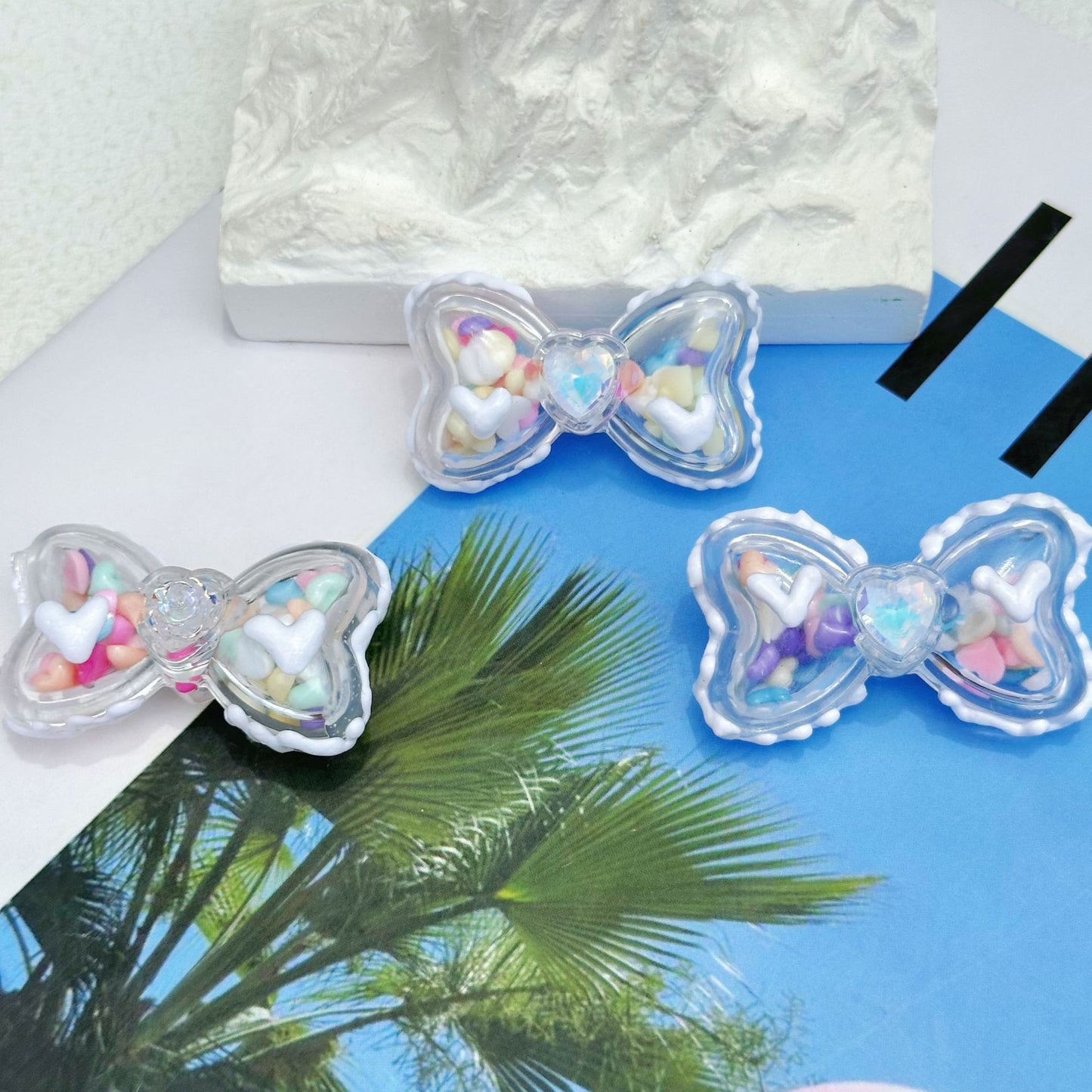 Hand Painted Bow Acrylic Beads 40mm Colorful Heart Design 5pcs 7