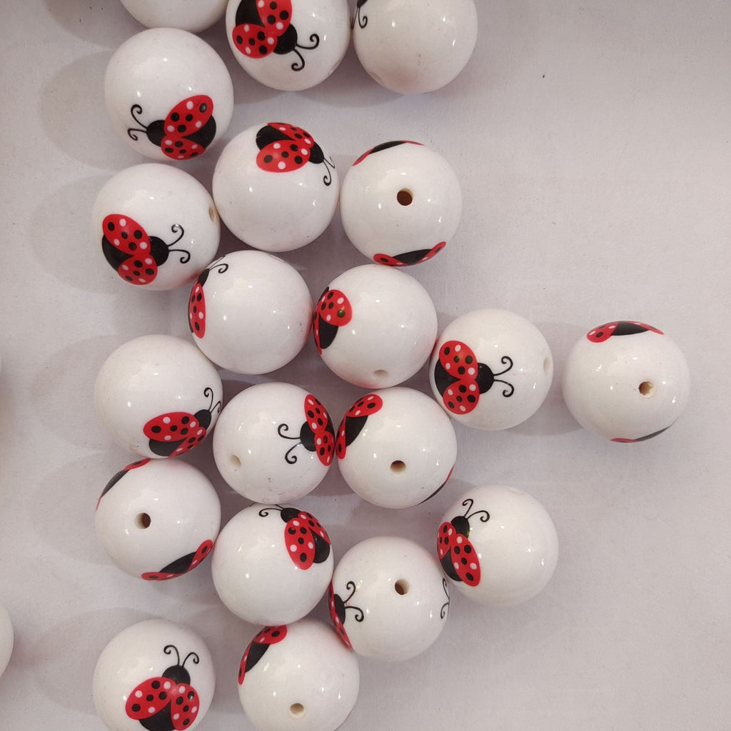 Printed Bubblegum Beads 20mm Ladybug Design Red 5pcs 3