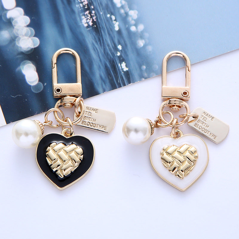 Metal Alloy Heart Keychain Enamel Finish Woven Gold Tone Pearl Detail