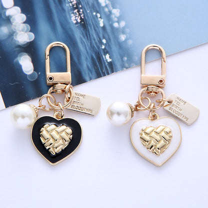 Metal Alloy Heart Keychain Enamel Finish Woven Gold Tone Pearl Detail
