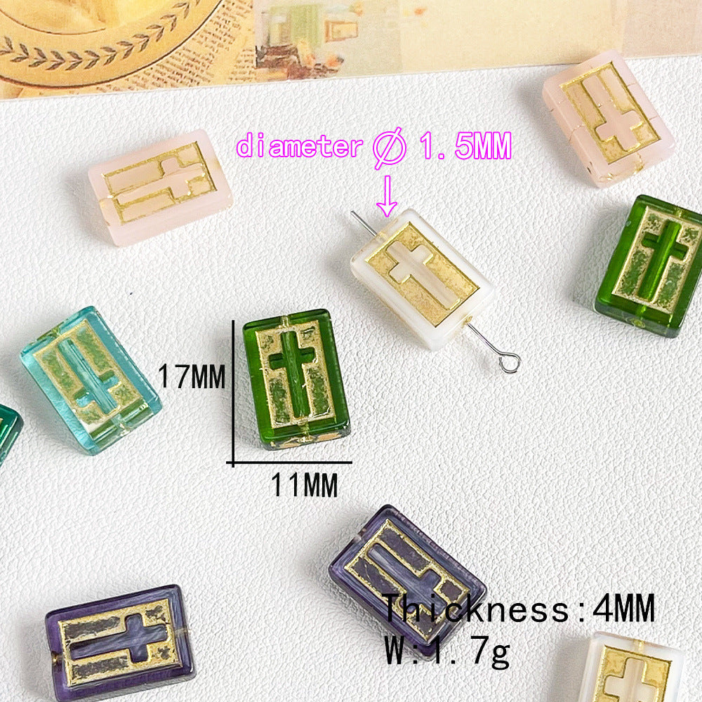 Vintage Cross Lampwork Glass Beads 17mm Gilded Rectangular 50pcs 6