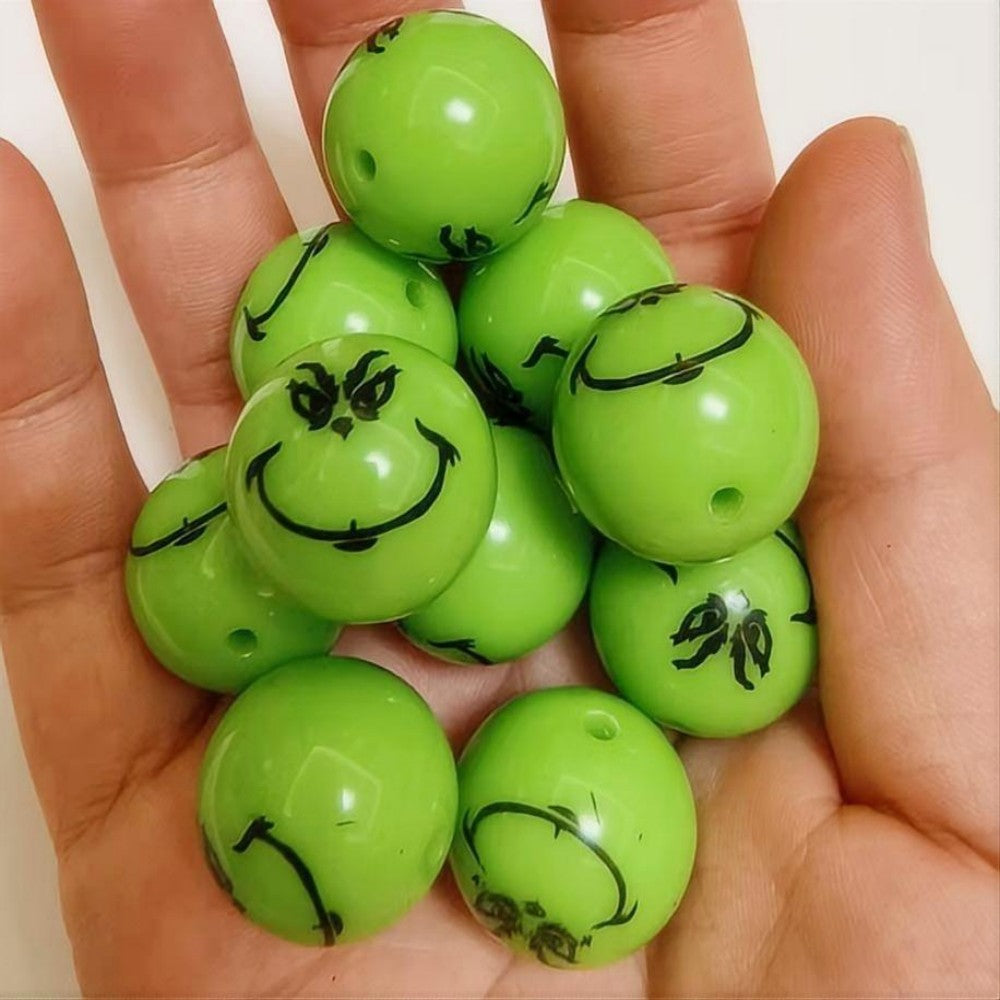 Christmas Bubblegum Beads 20mm Green Grinch Face Acrylic 10pcs 2