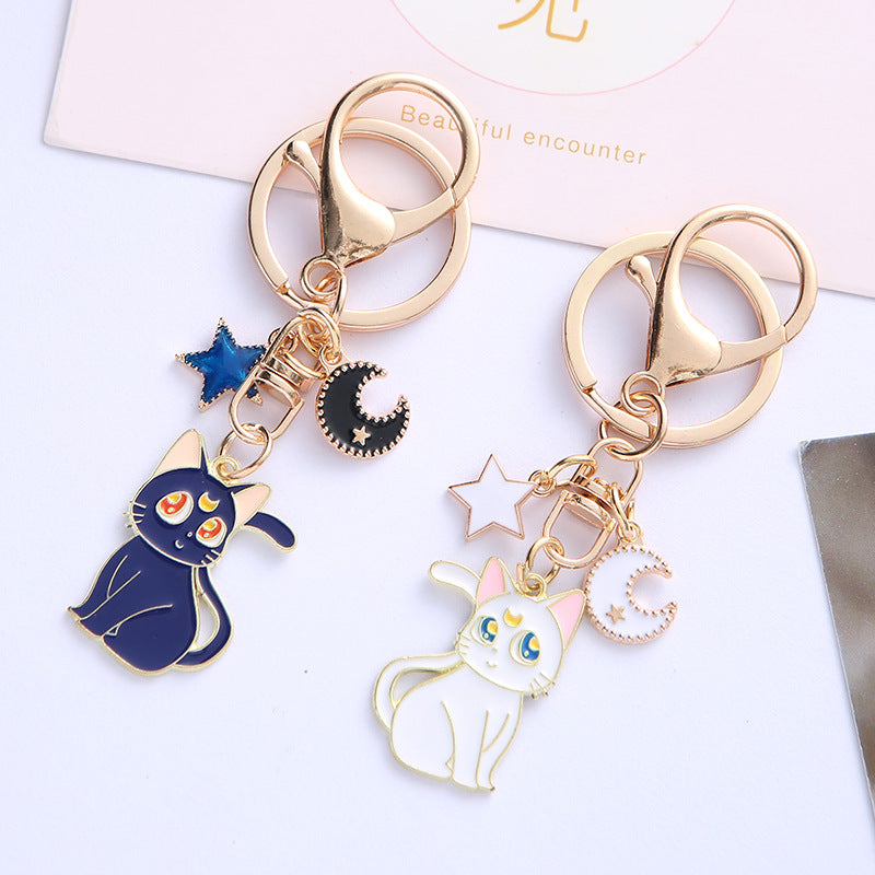 Enamel Moon Cat Keychain with Crescent Moon and Star Charm Alloy