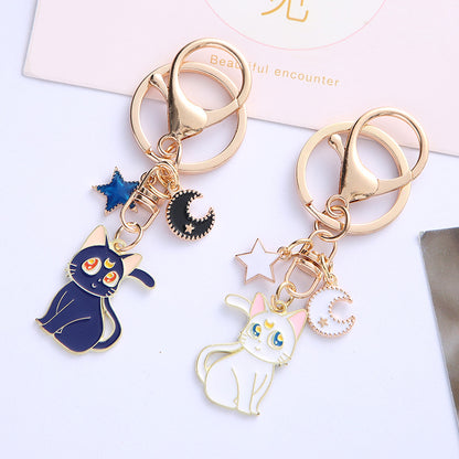 Enamel Moon Cat Keychain with Crescent Moon and Star Charm Alloy