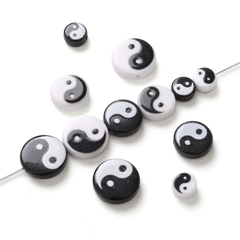 Tai Chi Flat Acrylic Beads 7-13mm Black White Color Printing 5pcs 5