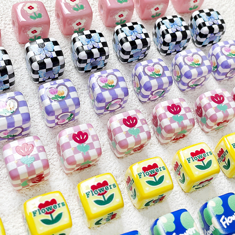 Hand Painted Square Acrylic Beads 14mm Flower Plaid Design 2pcs