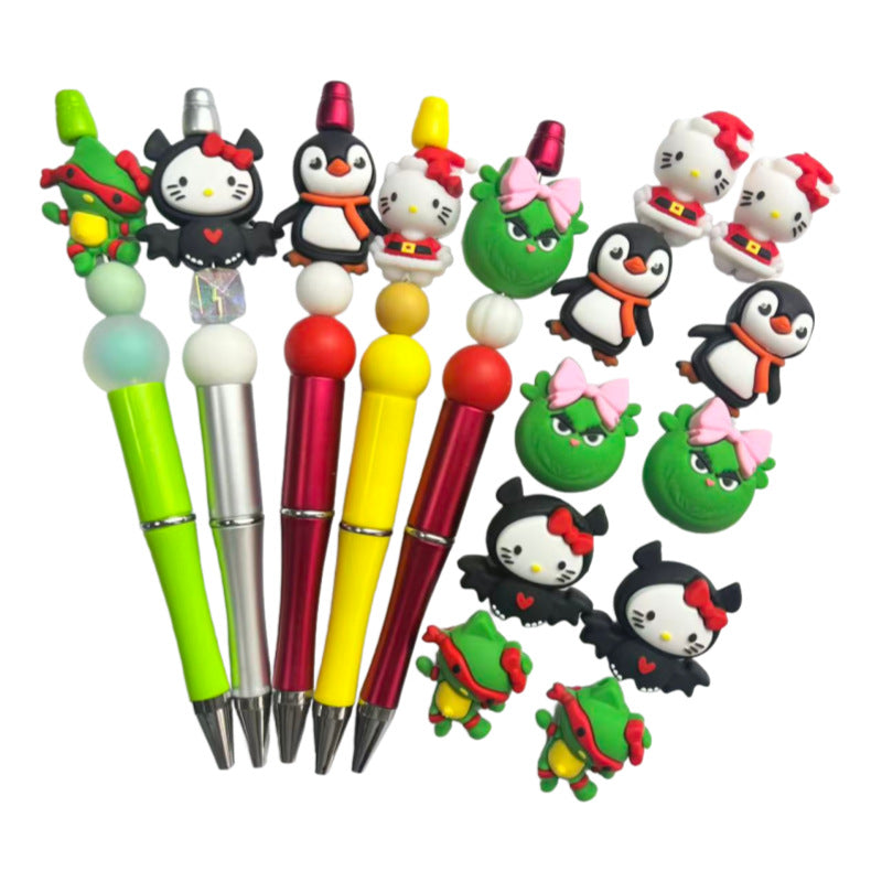 Silicone 3D Focal Beads Christmas Cartoon Animals Grinch Faces with Pink Bows 20Pcs