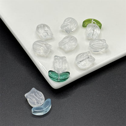 Tulip Transparent Glass Beads 12mm Pink Green Floral 100pcs 13