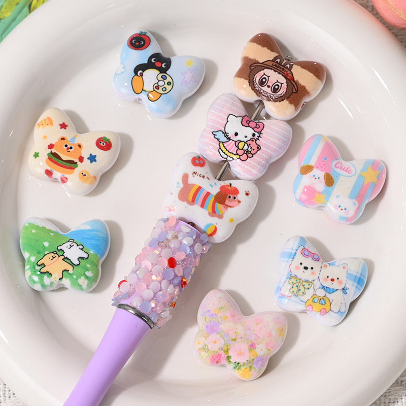 Labub Pattern Butterfly Acrylic Beads 25mm Glossy Pastel Cartoon 10pcs