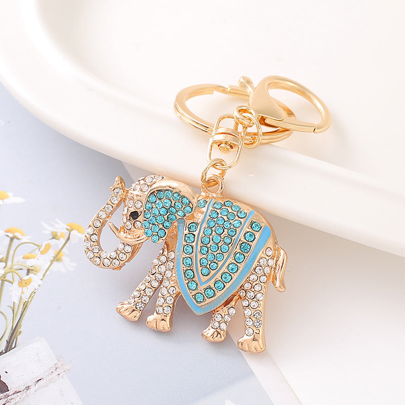 Rhinestone Elephant Keychain Metal Alloy Gold Tone Lake Blue Charm