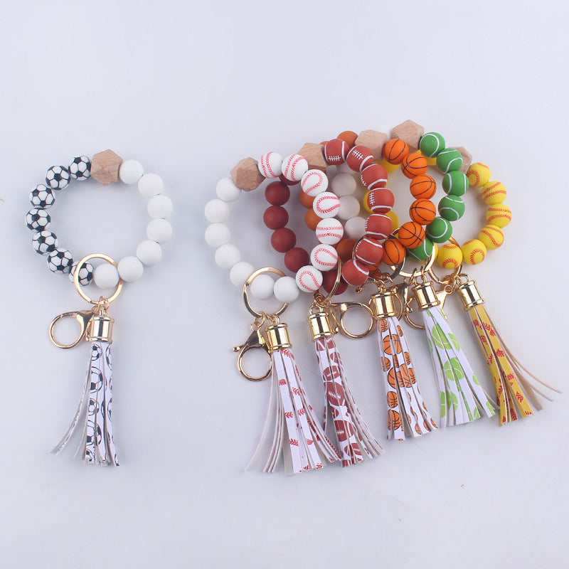 Football Tassel Silicone Bead Wristlet Keychain Sports Theme