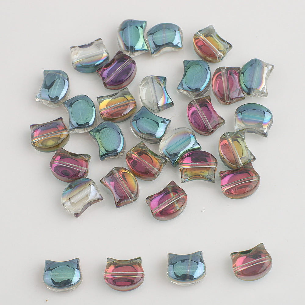 Plating Flat Cat Head Glass Beads 8mm x 10mm Iridescent Colors 30pcs 16