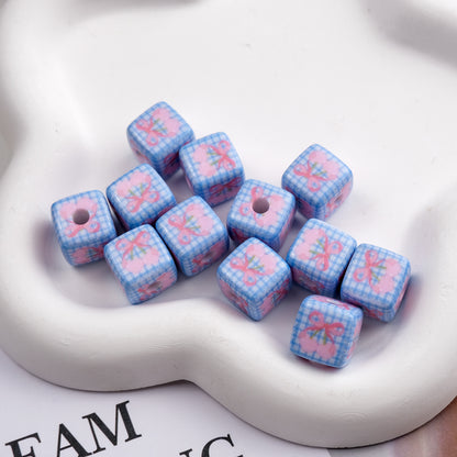 Vintage Spring Floral Plaid Square Acrylic Beads 13mm 50pcs 6