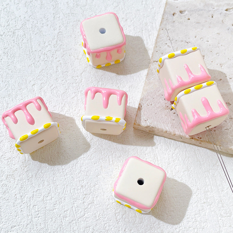 Painted Square Acrylic Beads 2.7mm Hand Drawn Cream Cake Design 7