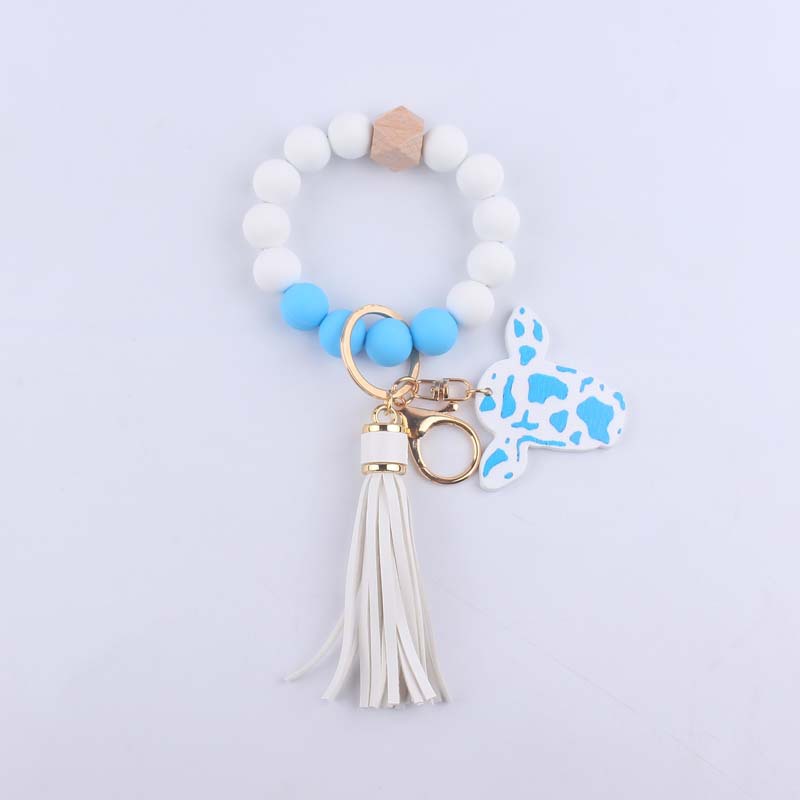 Silicone Beaded Wristlet Keychain with Leather Tassel and Cow Print Charm 9