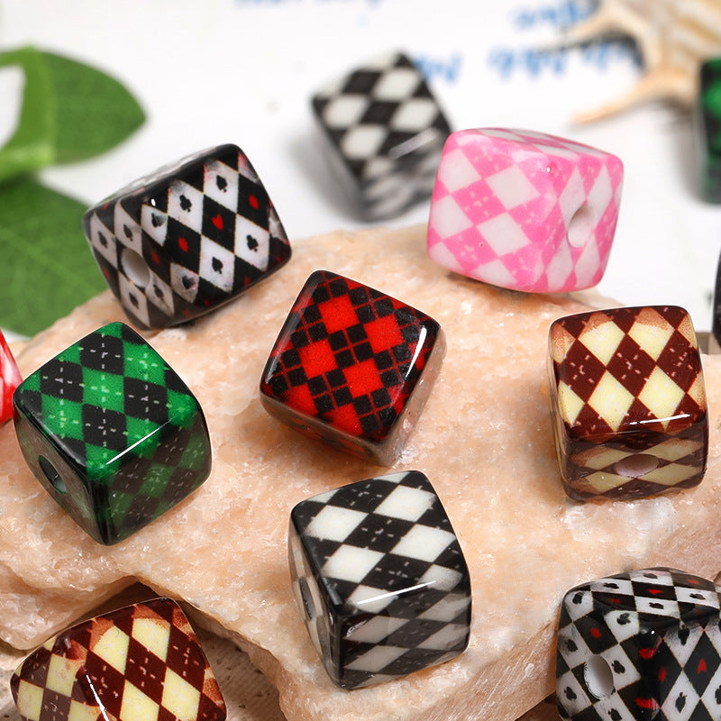 Vintage Rhombus Grid Acrylic Square Beads 14mm Glossy Retro 50pcs