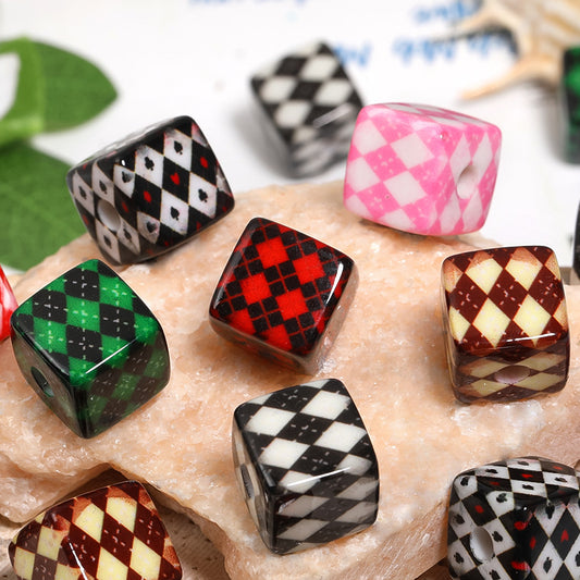 Vintage Rhombus Grid Acrylic Square Beads 14mm Glossy Retro 50pcs