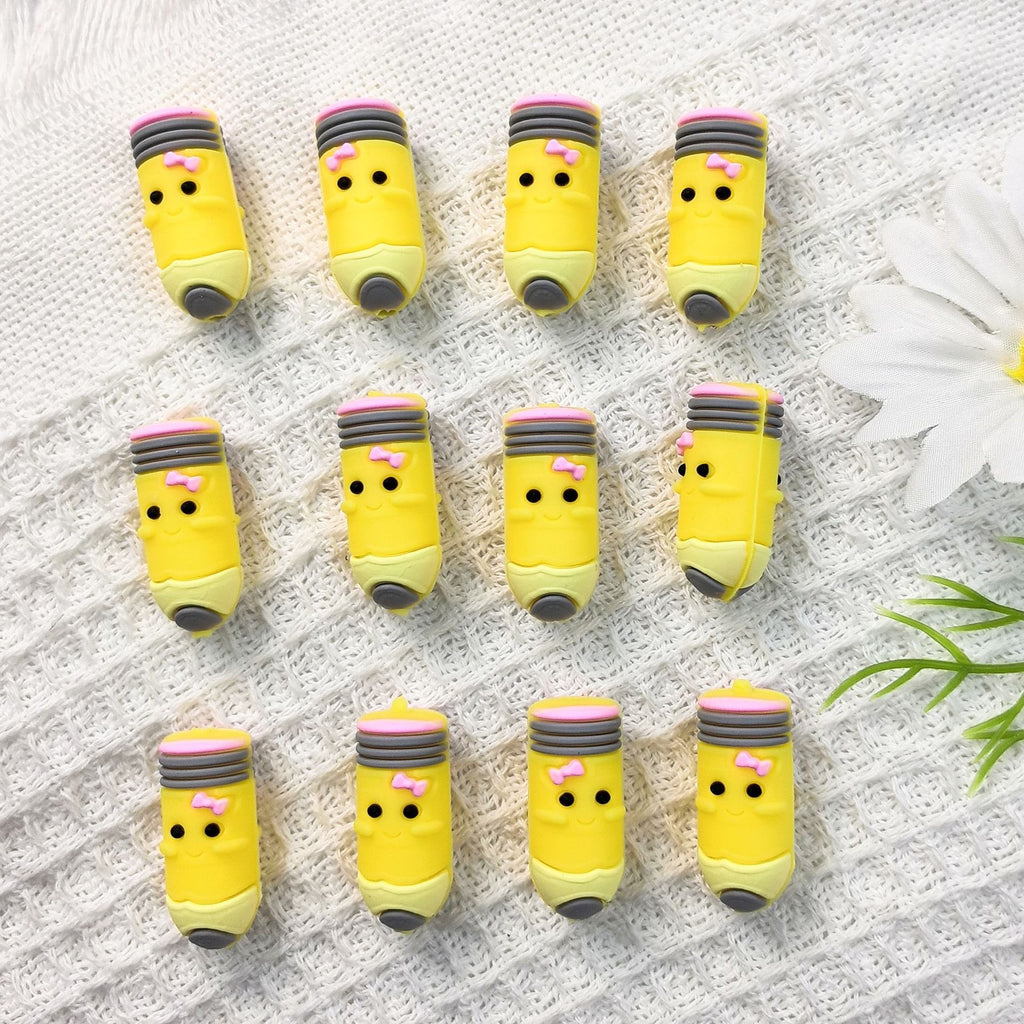 Silicone 3D Focal Beads Pencil Smiling Face With Pink Bow 20pcs