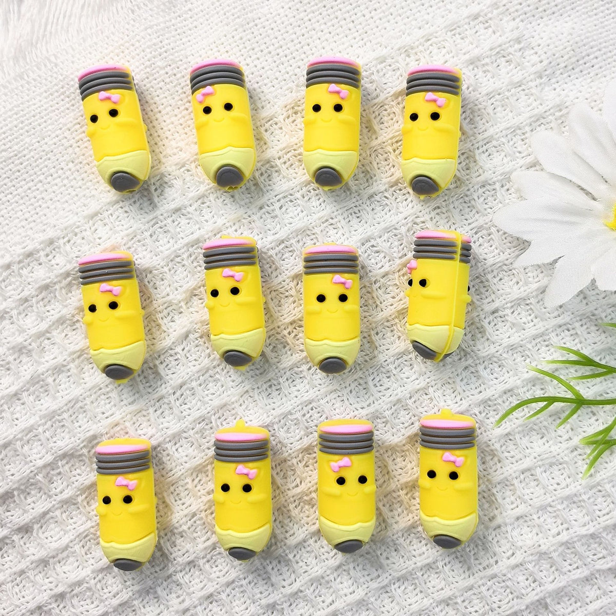 Silicone 3D Focal Beads Pencil Smiling Face With Pink Bow 20pcs