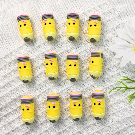 Silicone 3D Focal Beads Pencil Smiling Face With Pink Bow 20pcs