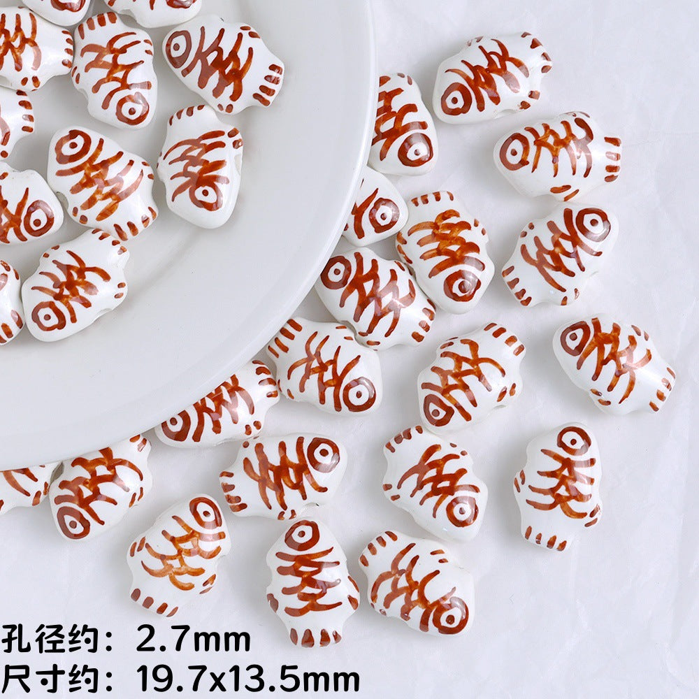 Coffee Color Ocean Creatures Ceramic Beads Hand Painted 5pcs 7