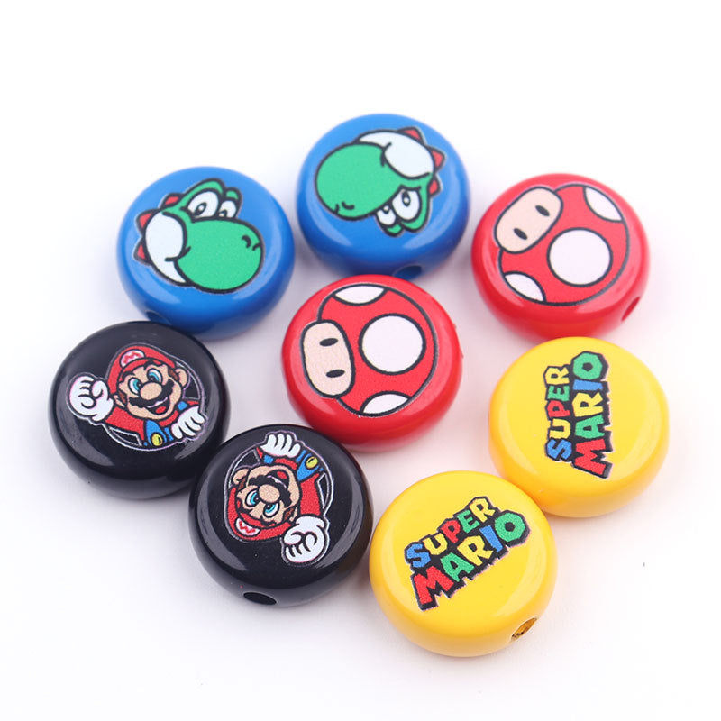 Flat Round Acrylic Beads 17mm Mario Print Colorful 50pcs 6