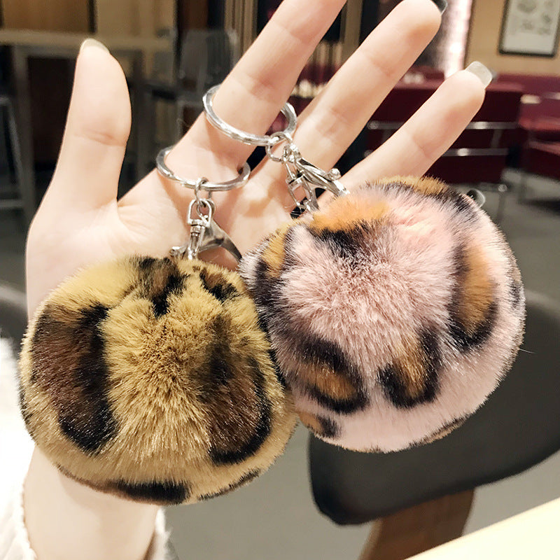 Plush Leopard Pom Pom Heart Keychain Soft Faux Fur 13cm 2pcs 3
