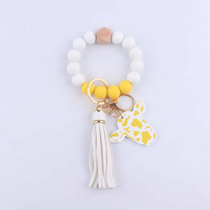 Silicone Beaded Wristlet Keychain with Leather Tassel and Cow Print Charm 8