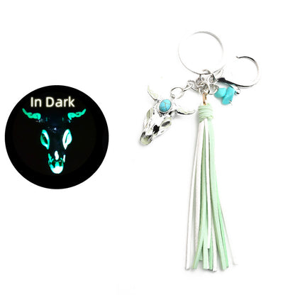 Western Glow in the Dark Ox Skull Keychain Metal Turquoise Tassel 9