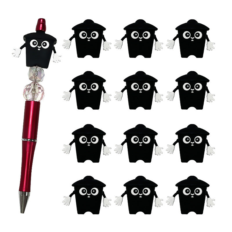 Silicone 3D Focal Beads Black Trash Can Glossy Finish Playful Eyes 5