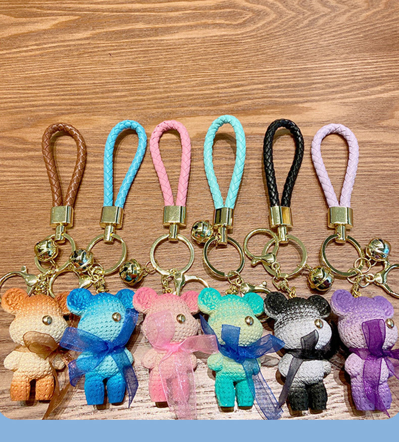 Resin Gradient Wool Bear Keychain with Soft Ribbon and Gold Accents 4