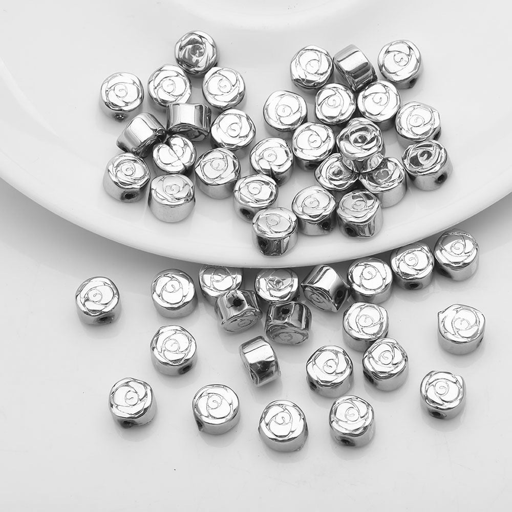 Flat Rose Glass Beads 6mm Iridescent Plating Floral Cube 50pcs 17