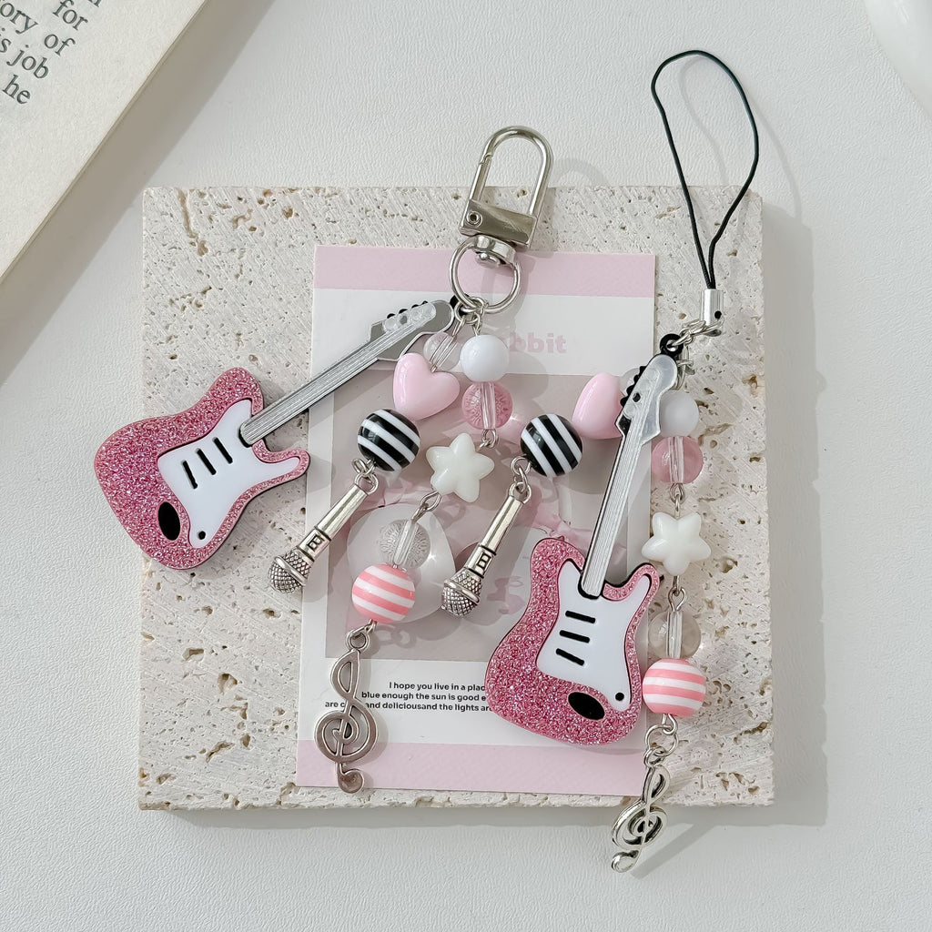 Pink Glitter Guitar Resin Phone Charm with Pastel Hearts and Mic 2pcs 2
