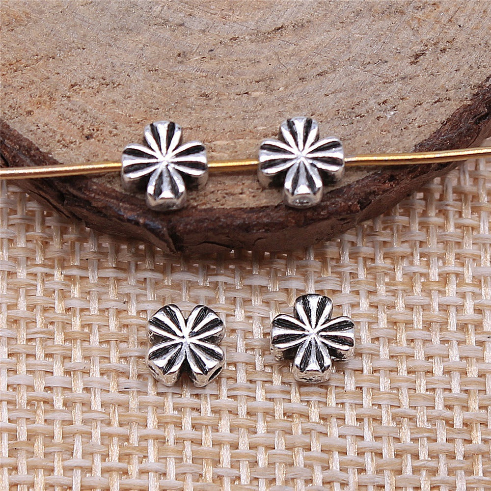Striped Four-Leaf Clover Metal Beads 6mm Polished Silver Tone 100pcs 2