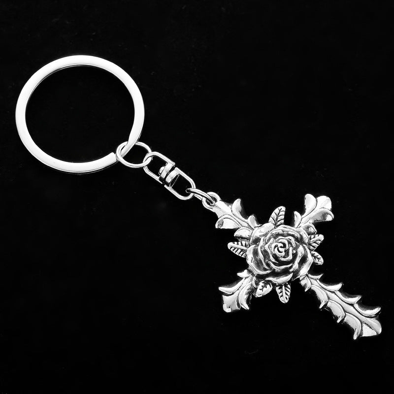 Rose Cross Keychain Metal Zinc Alloy Vintage Floral Design 4