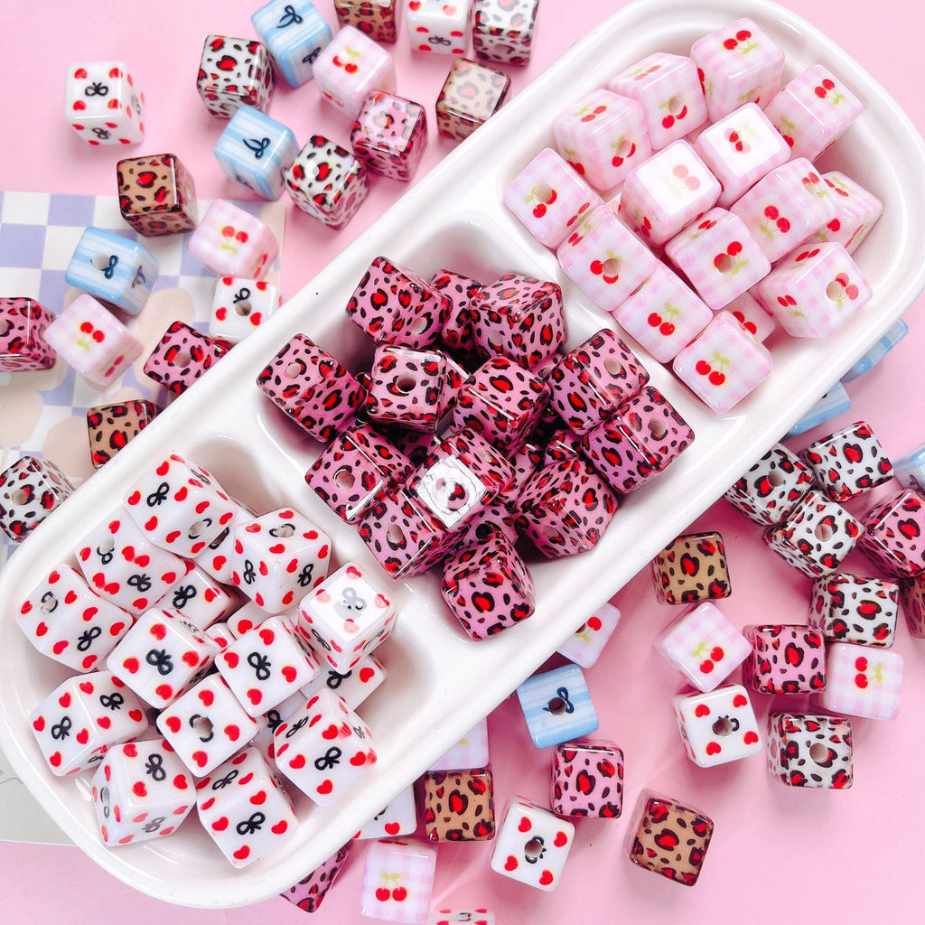 Leopard Bow Print Acrylic Square Beads 14mm Colorful Glossy 10pcs