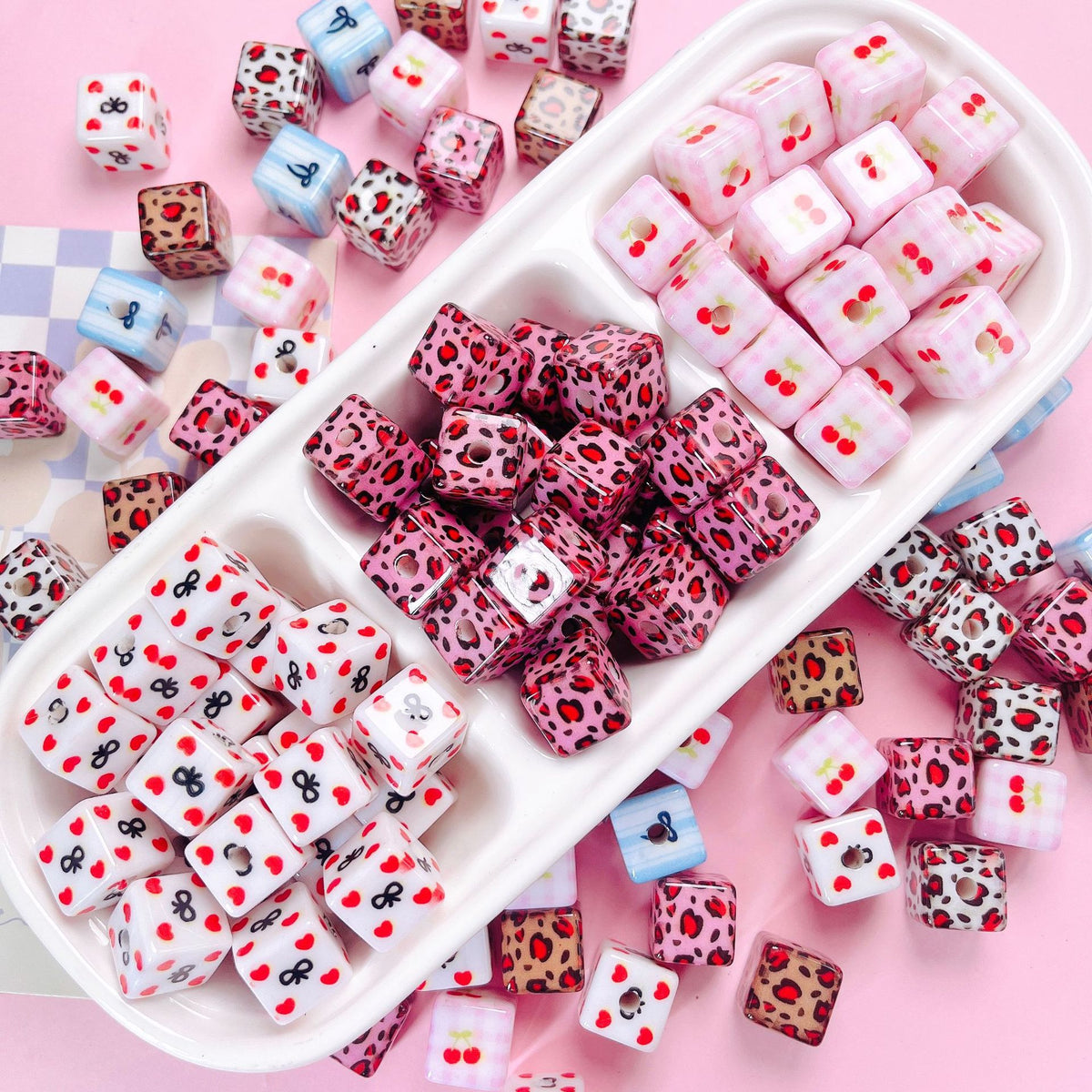 Leopard Bow Print Acrylic Square Beads 14mm Colorful Glossy 10pcs