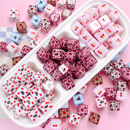 Leopard Bow Print Acrylic Square Beads 14mm Colorful Glossy 10pcs