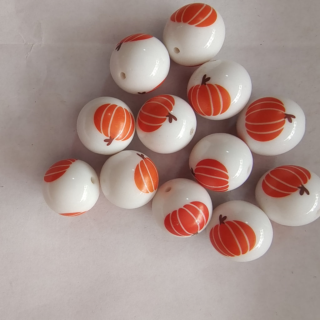 Printed Bubblegum Beads 20mm Halloween Orange Pumpkin 10pcs