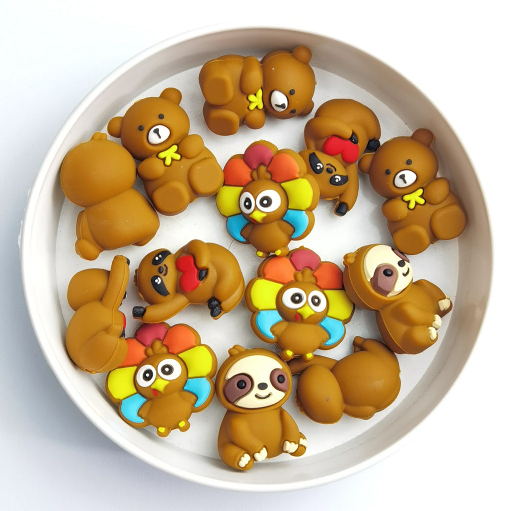 Silicone 3D Focal Beads Cartoon Animal Sloth Raised Arm Turkey Feather Fan 20pcs 4