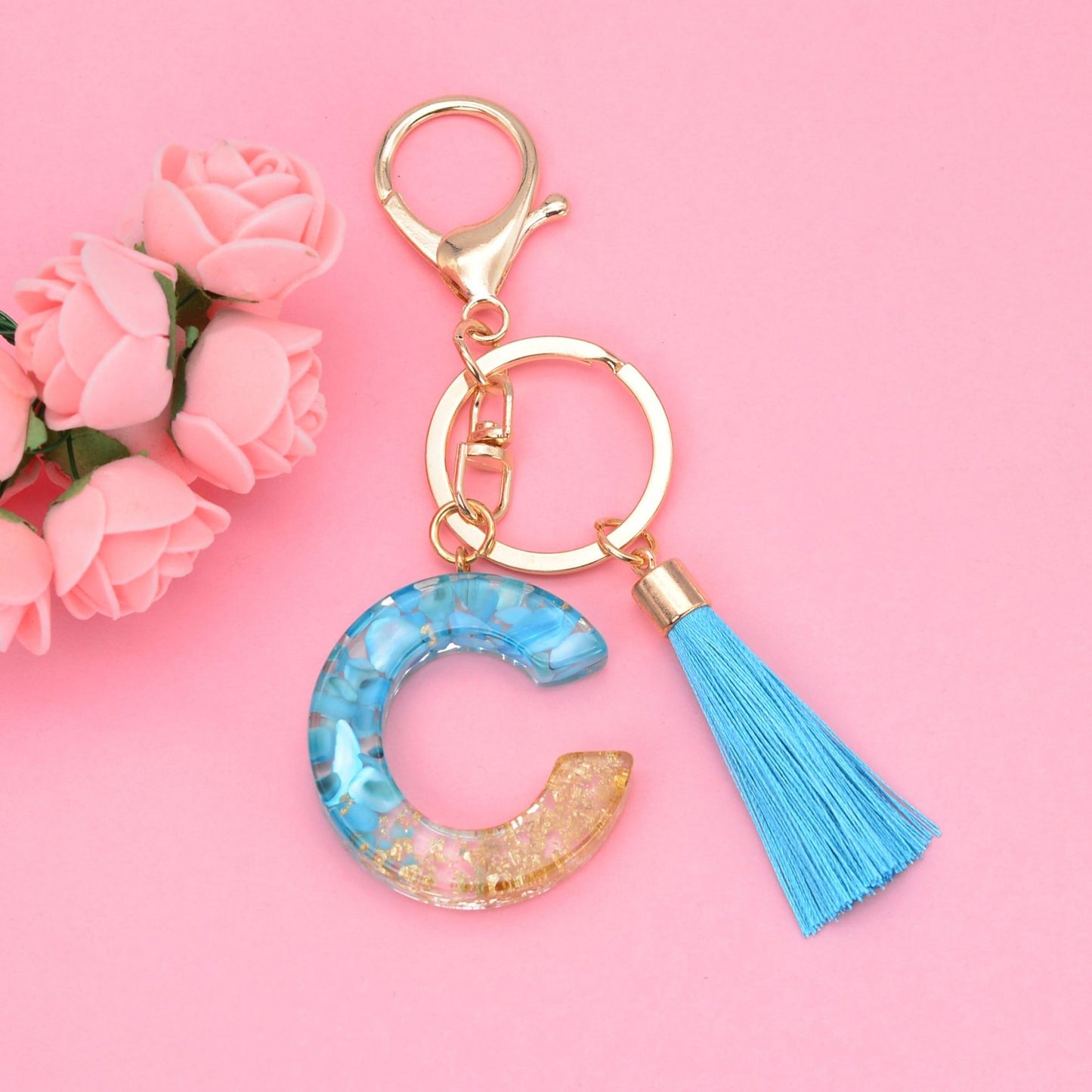 Blue Resin Tassel Monogram Keychain with Gold Flake Accent 31