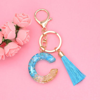 Blue Resin Tassel Monogram Keychain with Gold Flake Accent 31