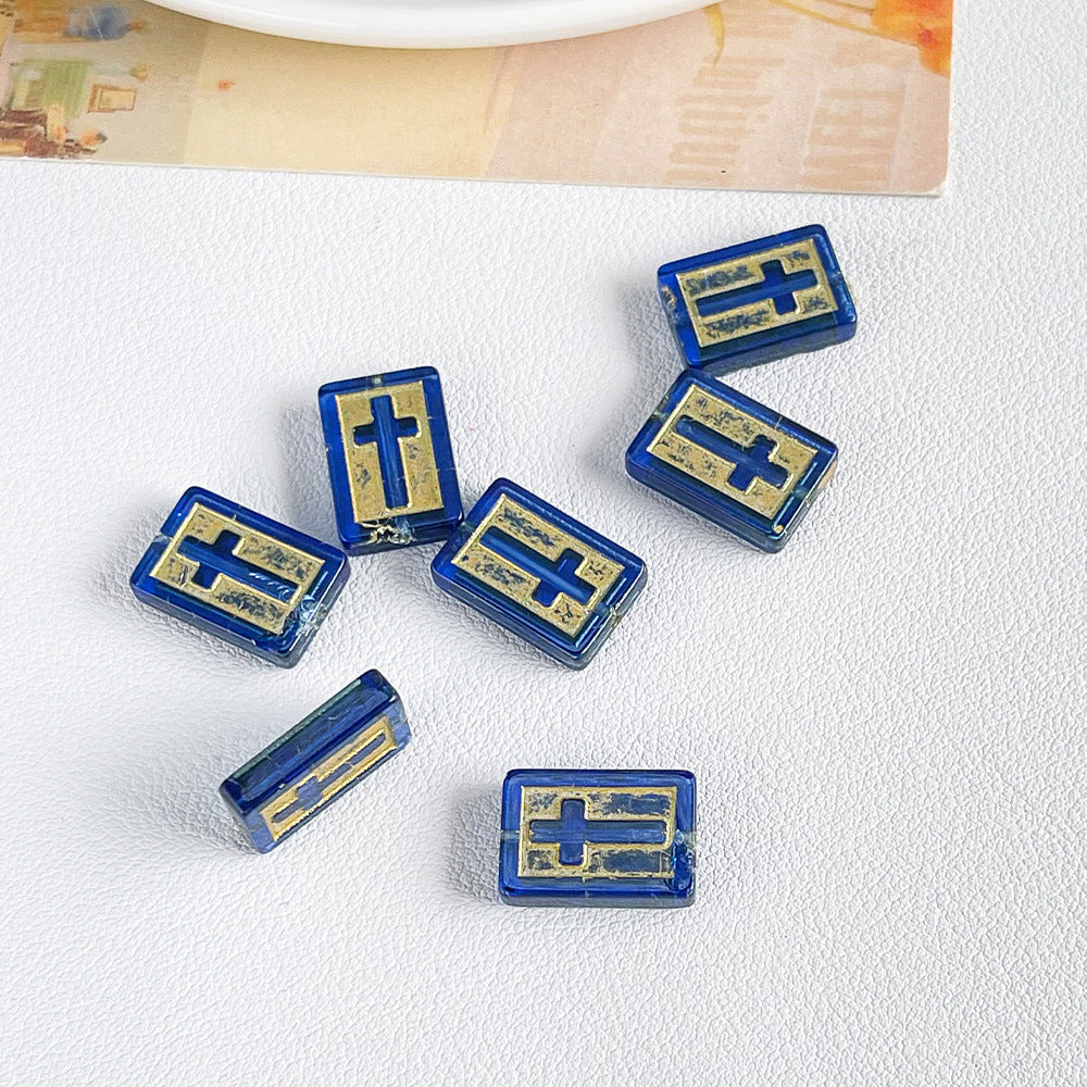 Vintage Cross Lampwork Glass Beads 17mm Gilded Rectangular 50pcs 11
