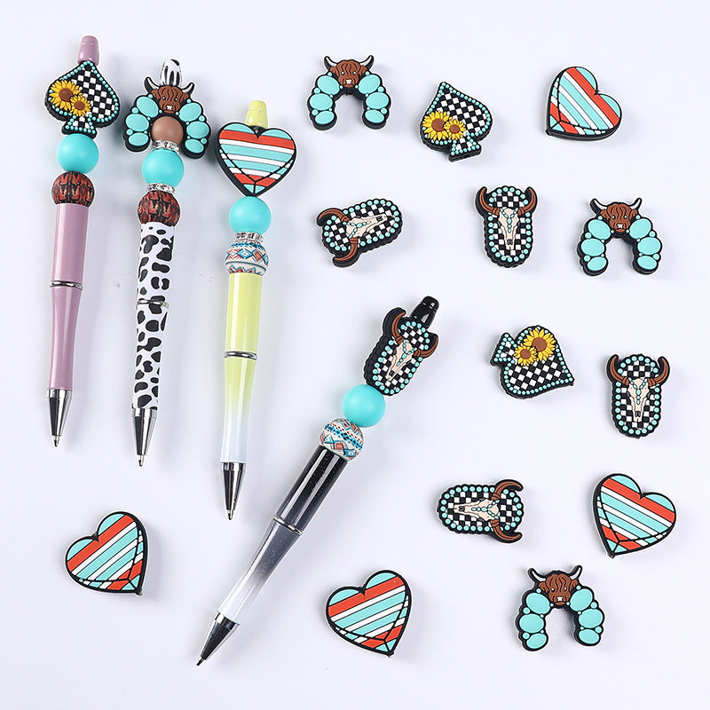 Silicone Focal Beads Turquoise Daisy Cattle Head Checkerboard Skull 20pcs 3