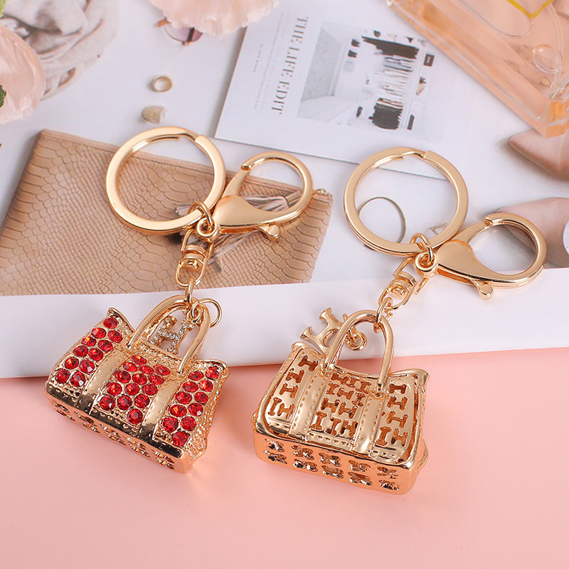 Rhinestone Mini Handbag Metal Keychain Gold Finish Colorful Gems 2